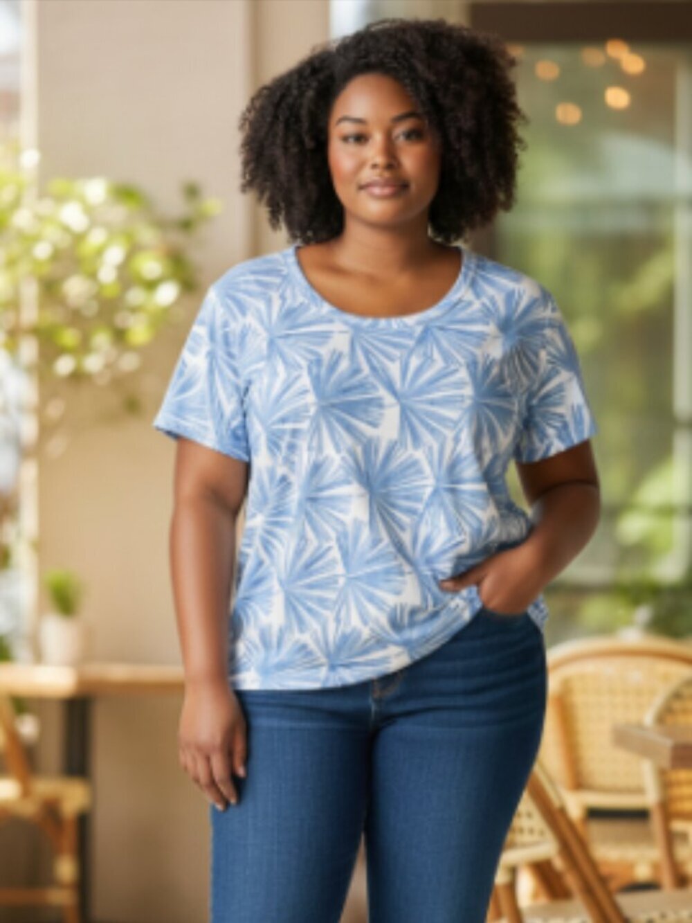 Talbots Plus White Top with Light Blue Palm Print, Short Sleeve Summer Top, 2X